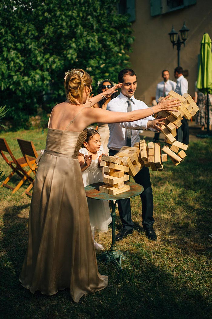 guests playing giant jenga at reception