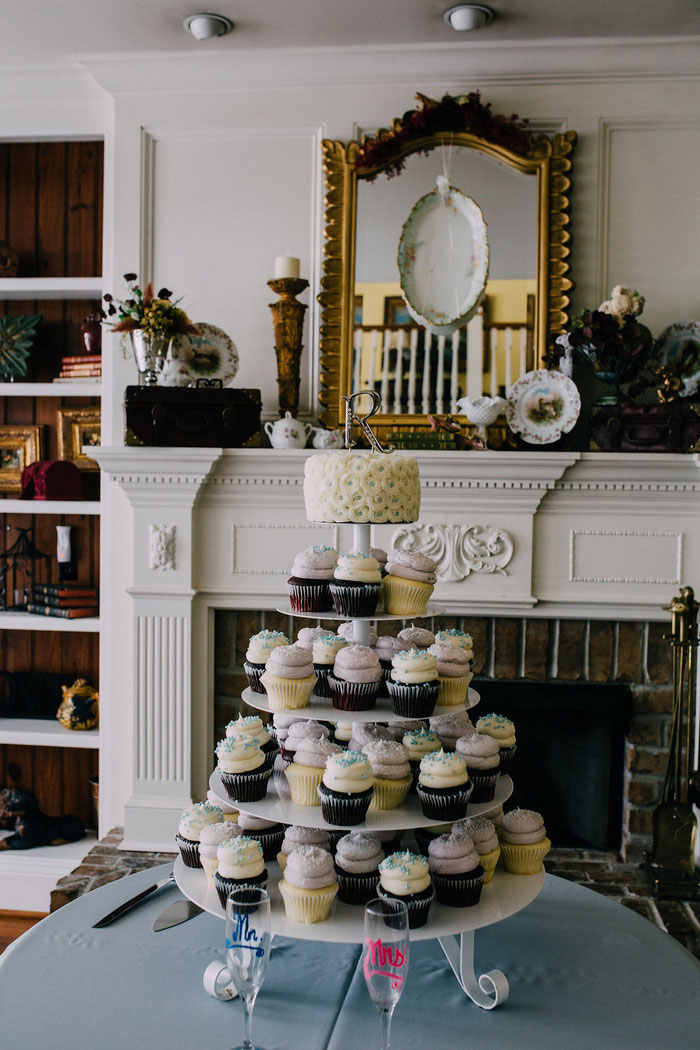 wedding cake and cupcakes