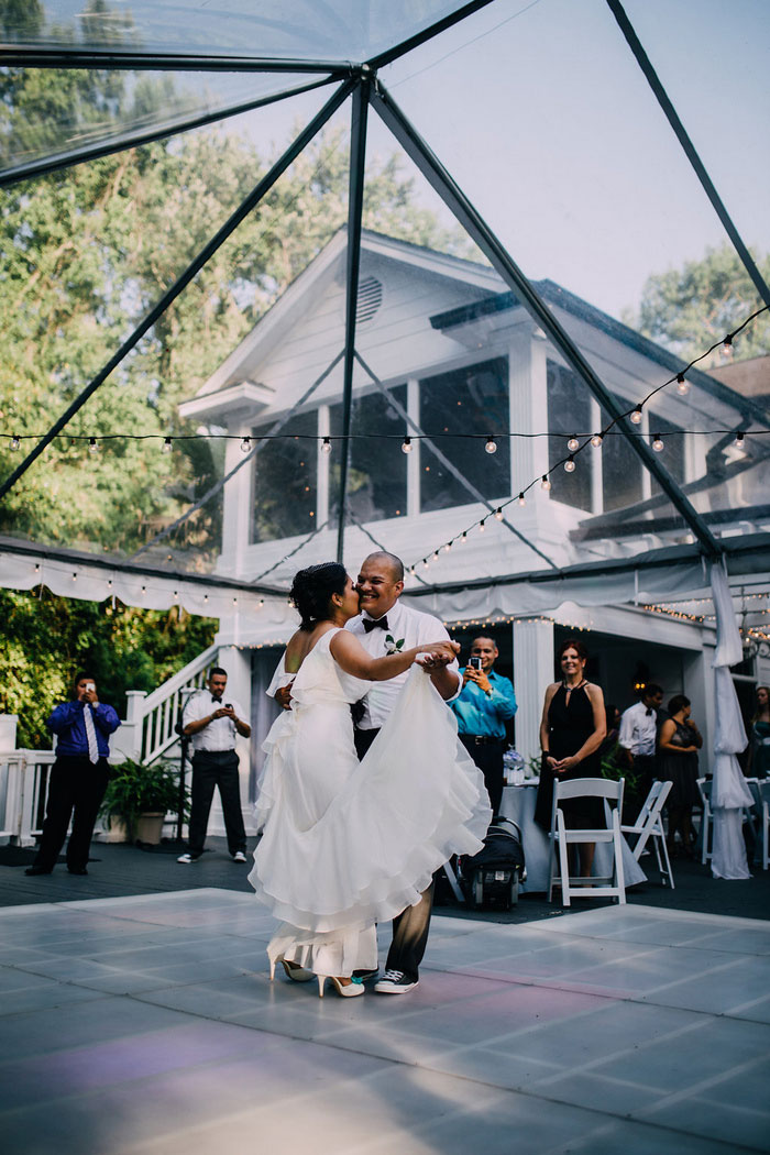 bride and groom first kiss