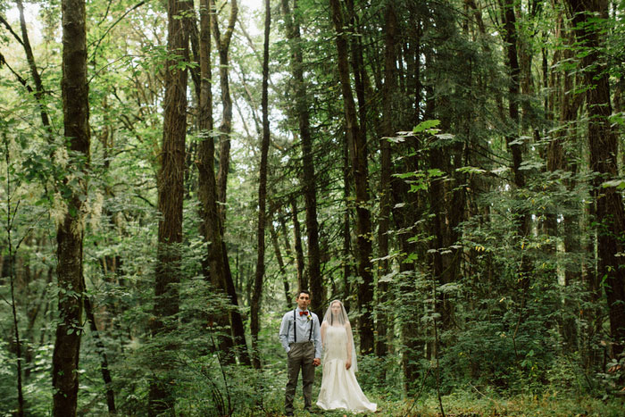 bride and groom portrait in the woods