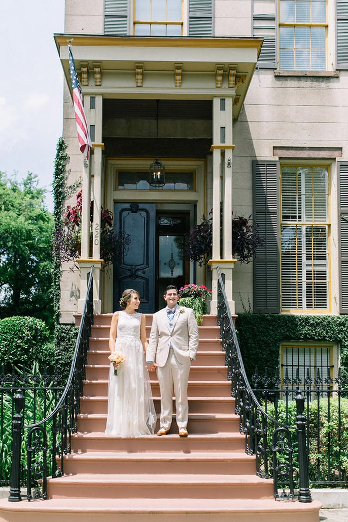 bride and groom portrait in front of the Gastonian