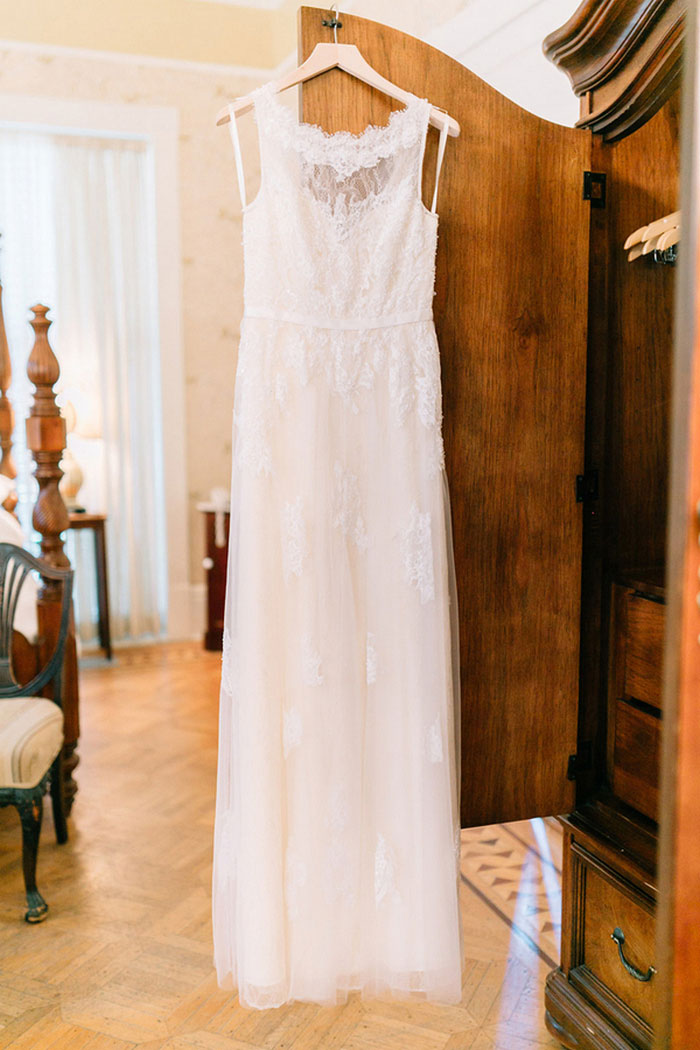 wedding dress hanging up