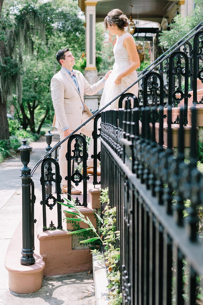 bride and groom on Gastonian steps