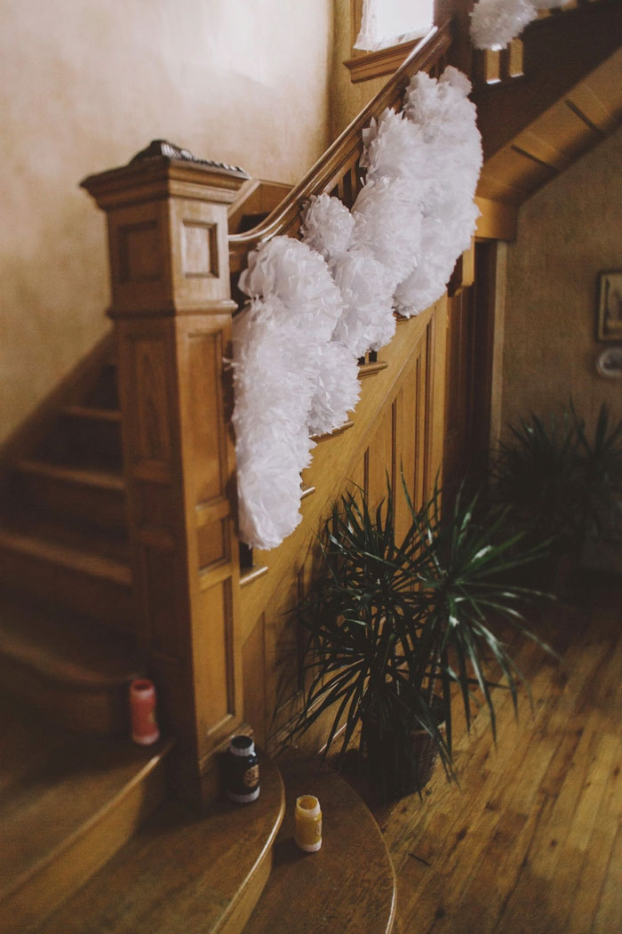 stairs decorated with wedding decorations