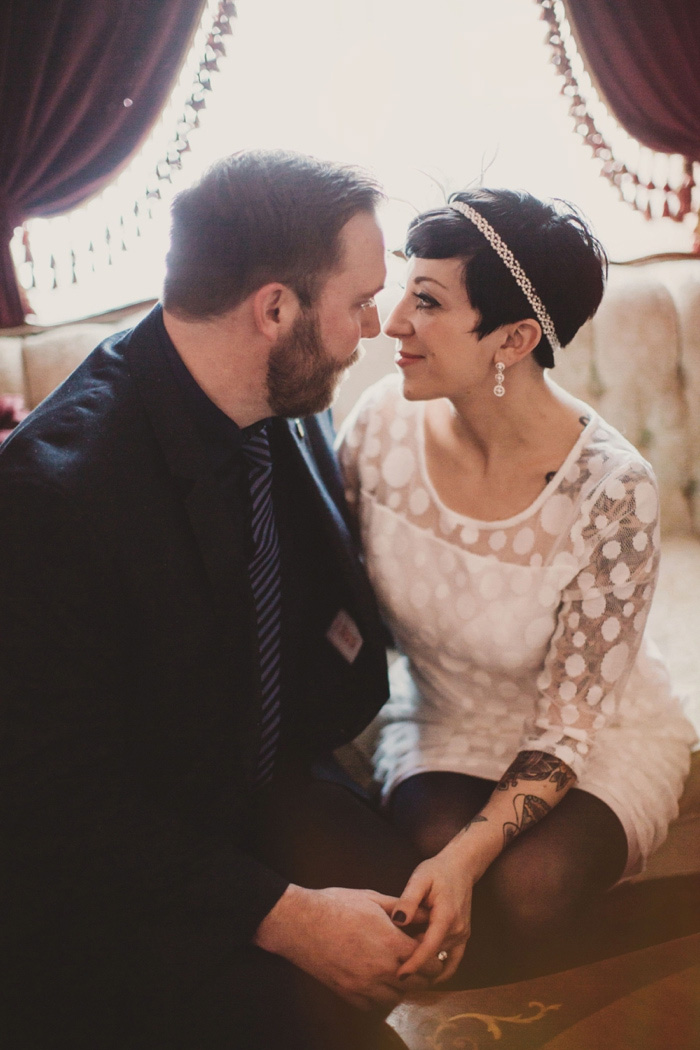 bride and groom portrait at home