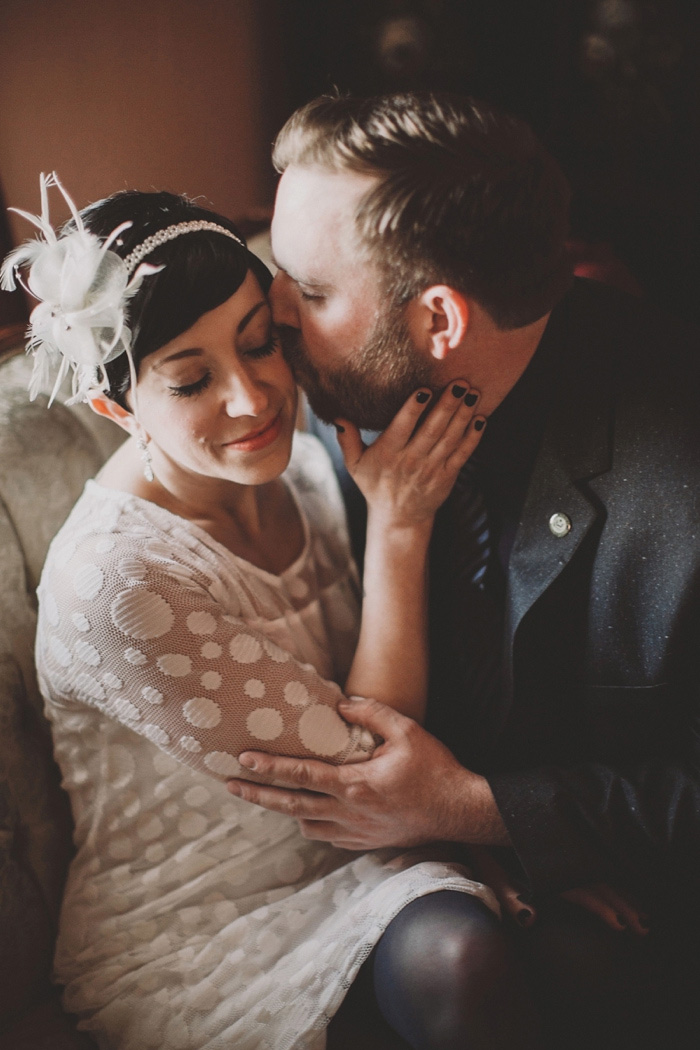 bride and groom portrait at home