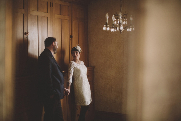 bride and groom portrait at home