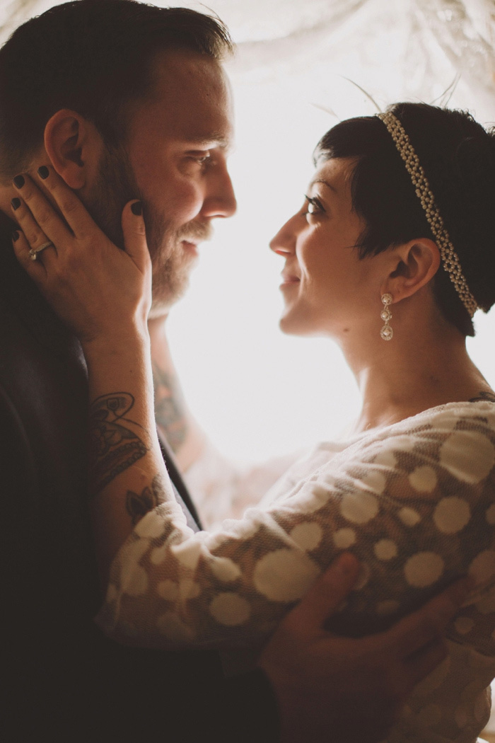 bride and groom portrait at home