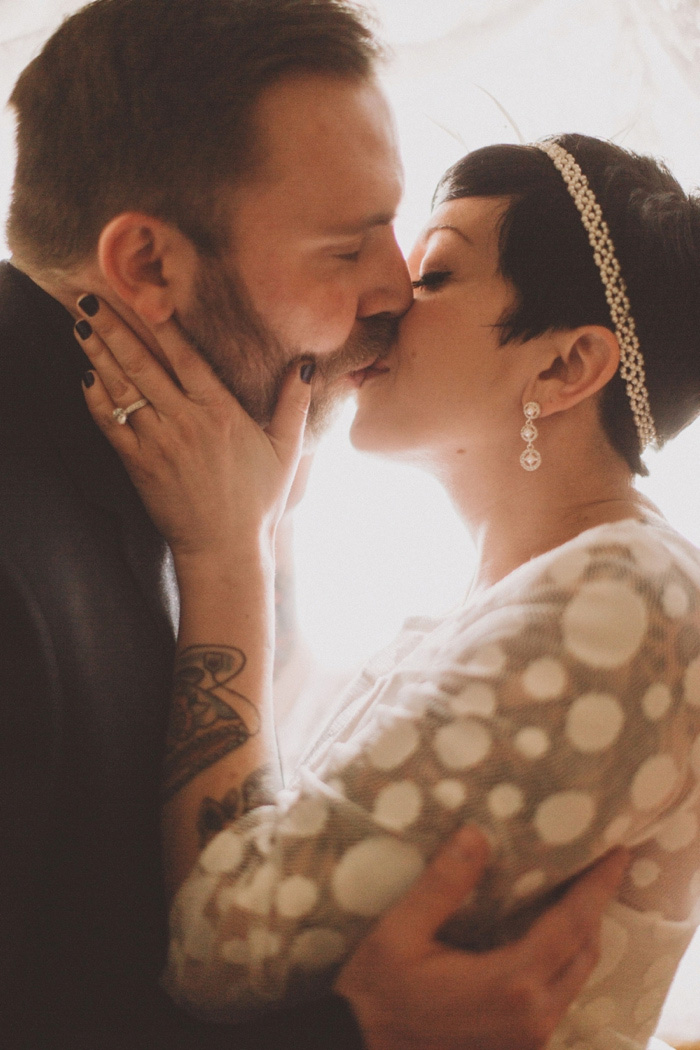 bride and groom portrait at home