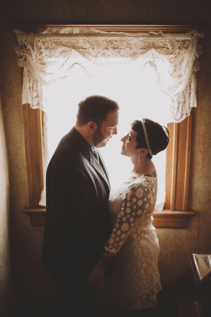 bride and groom portrait at home