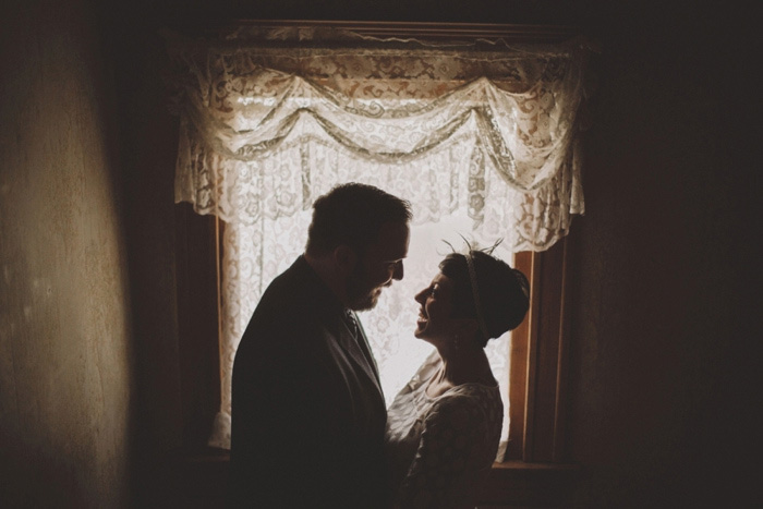 bride and groom portrait at home