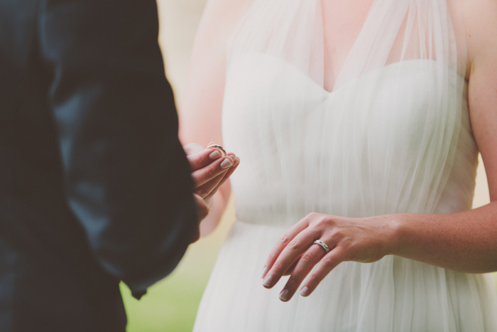 bride putting ring on groom's finger