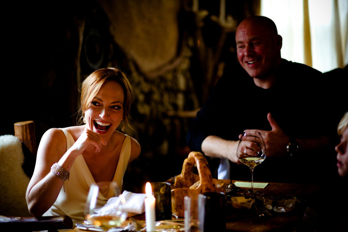 bride laughing at wedding reception