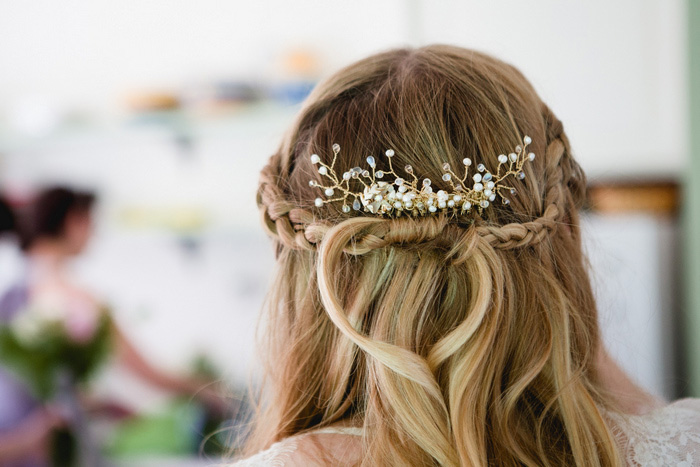 close-up of bride's hair