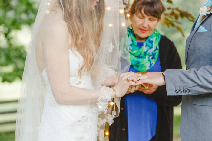 bride putting ring on groom's finger