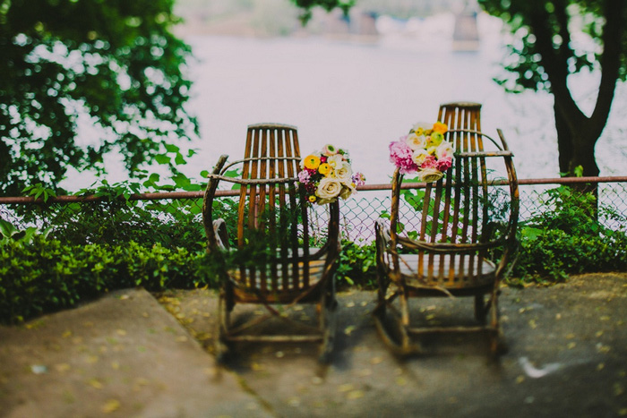 adirondack chairs decorated with flowers