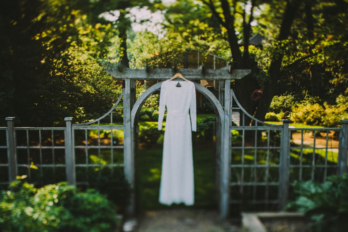 wedding dress hanging up