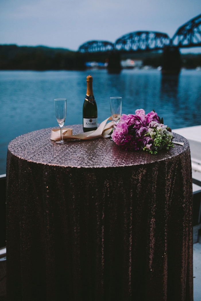 champagne table with sequin tablecloth