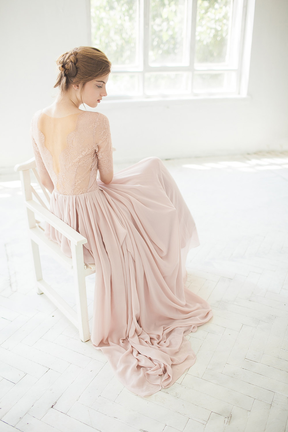 Blush Pink Maxi Gown with Hand-Embroidered Dupatta – Formal & Wedding Wear
