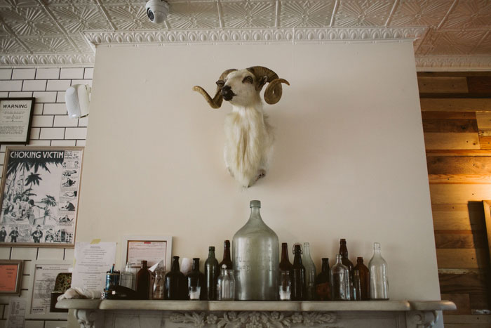 ram head mounted above resturant bar