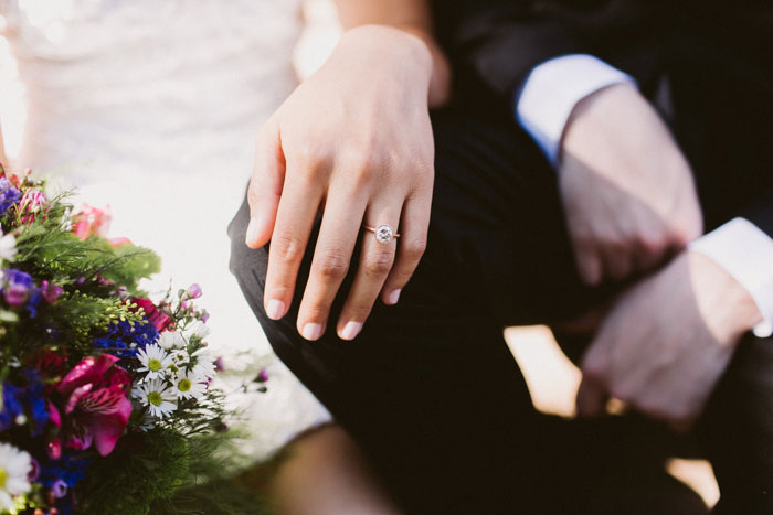 shot of ring on bride's finger