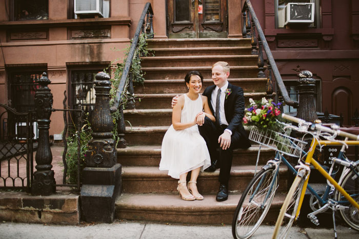 bride and groom portrait on Brooklyn brownstone steps