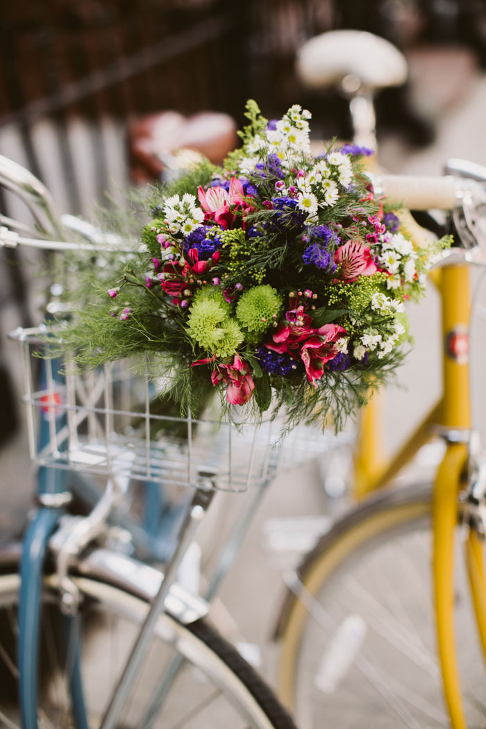 wedding bouquet in bike basket