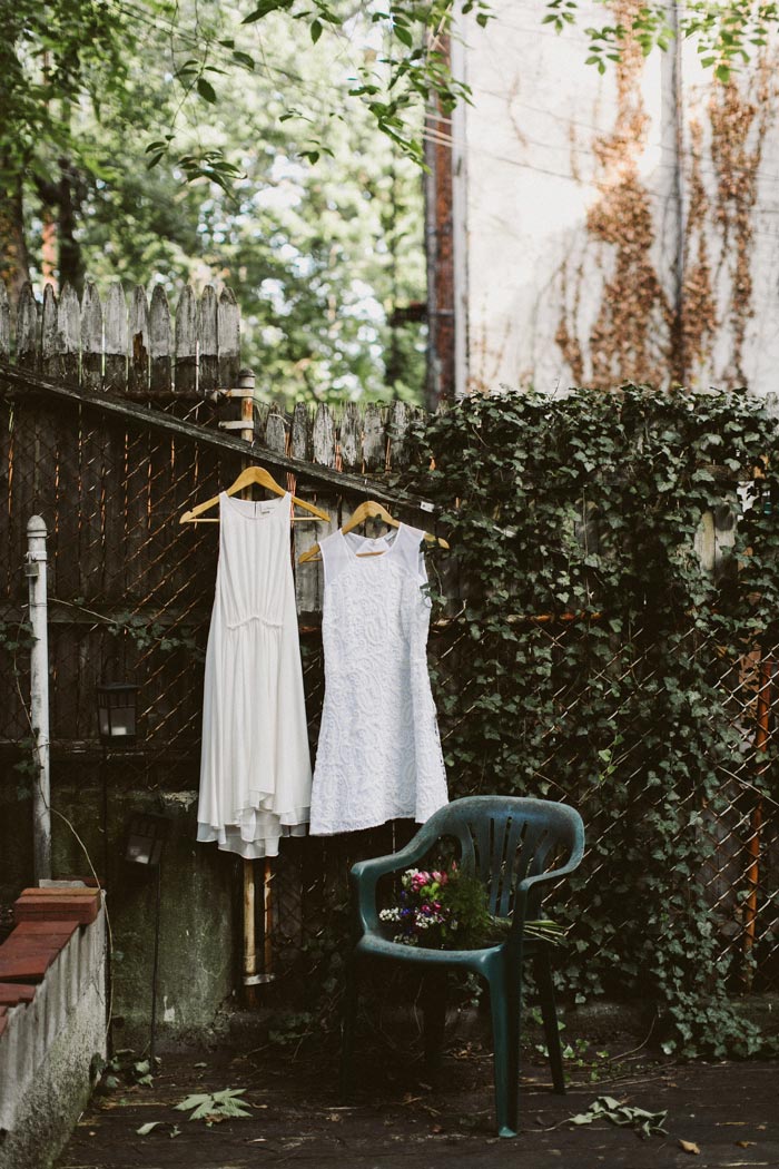 wedding dresses hanging up outside