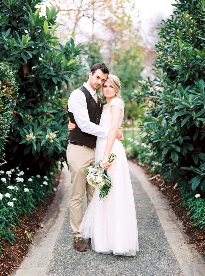 bride and groom portrait in garden