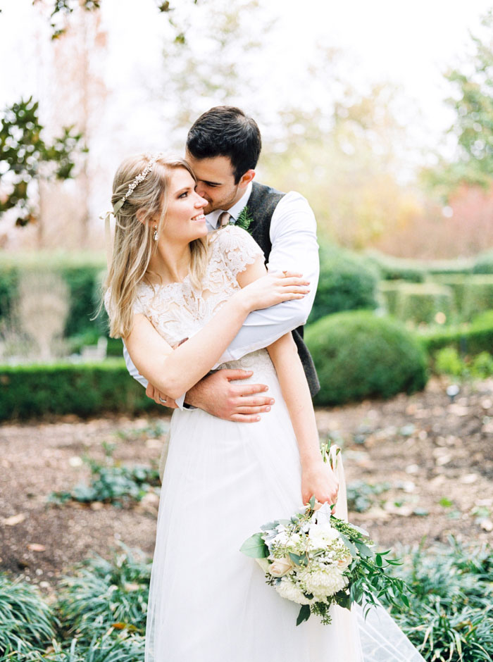 bride and groom portrait in garden