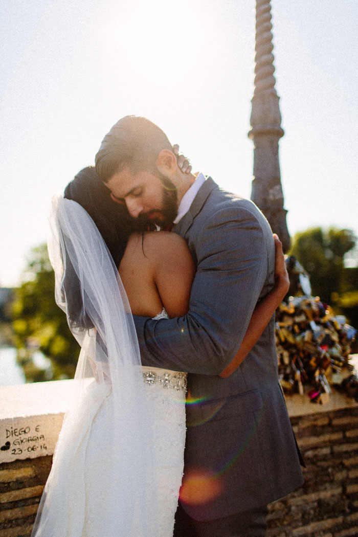 bride and groom hugging at end of elopement ceremony