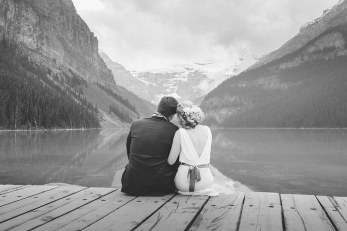 black and white bride and groom portrait at Lake Louise