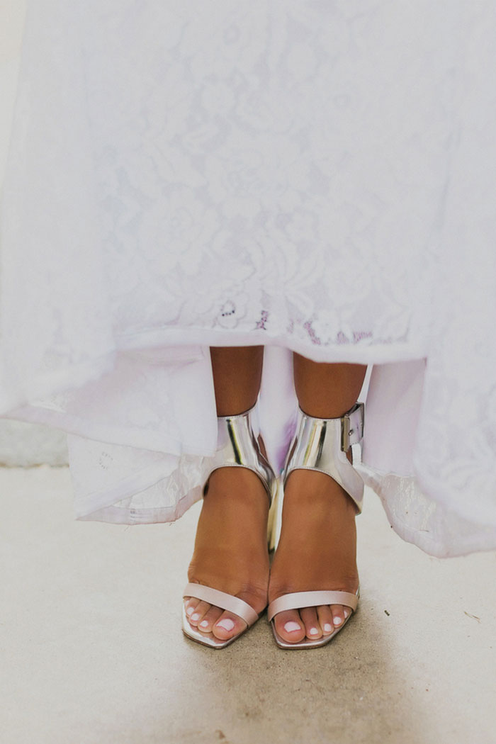shot of bride's metallic shoes