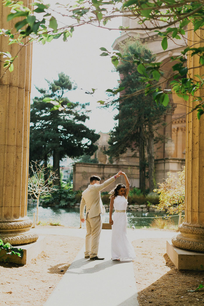 portrait of bride and groom dancing