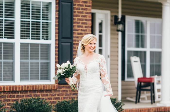 bride walking outside house