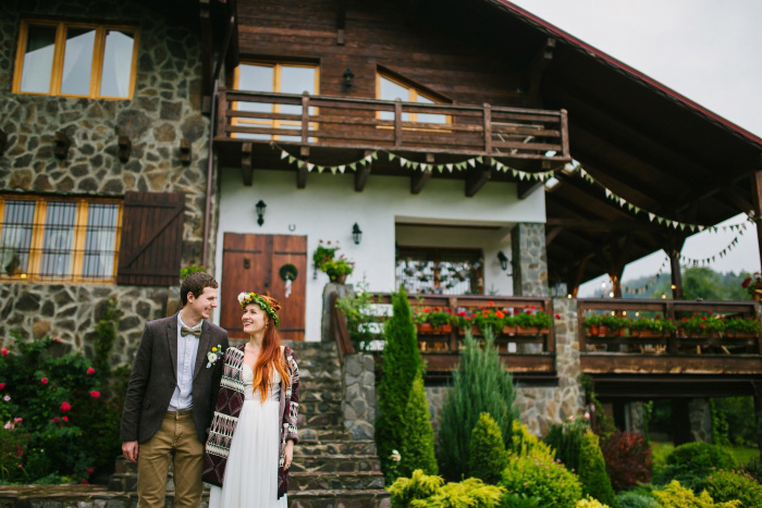 bride and groom portrait in front of chalet