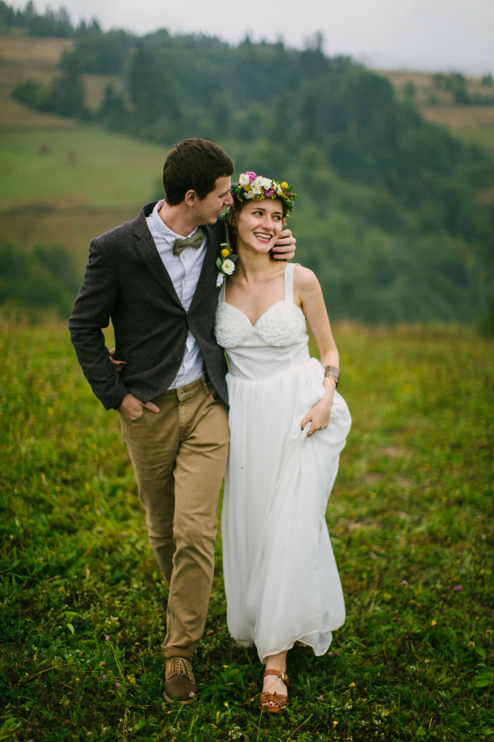 bride and groom walking portrait