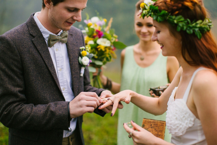 groom putting ring on bride's finger