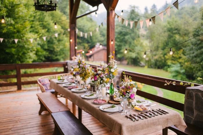 wedding reception set-up on chalet porch