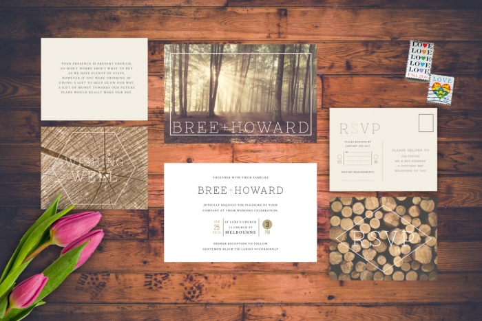 wood trees wedding invite