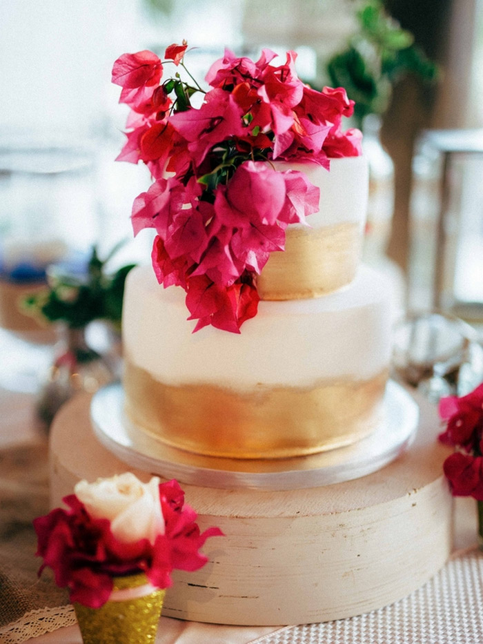 gold and white wedding cake