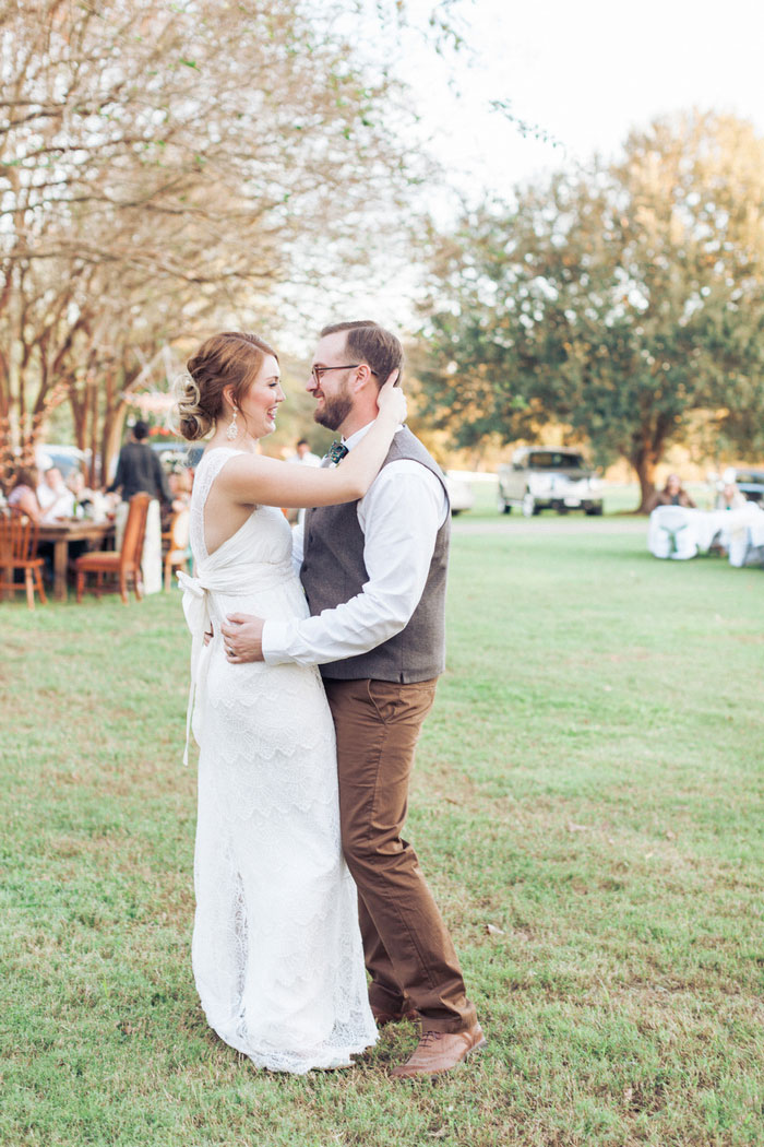 bride and groom embracing