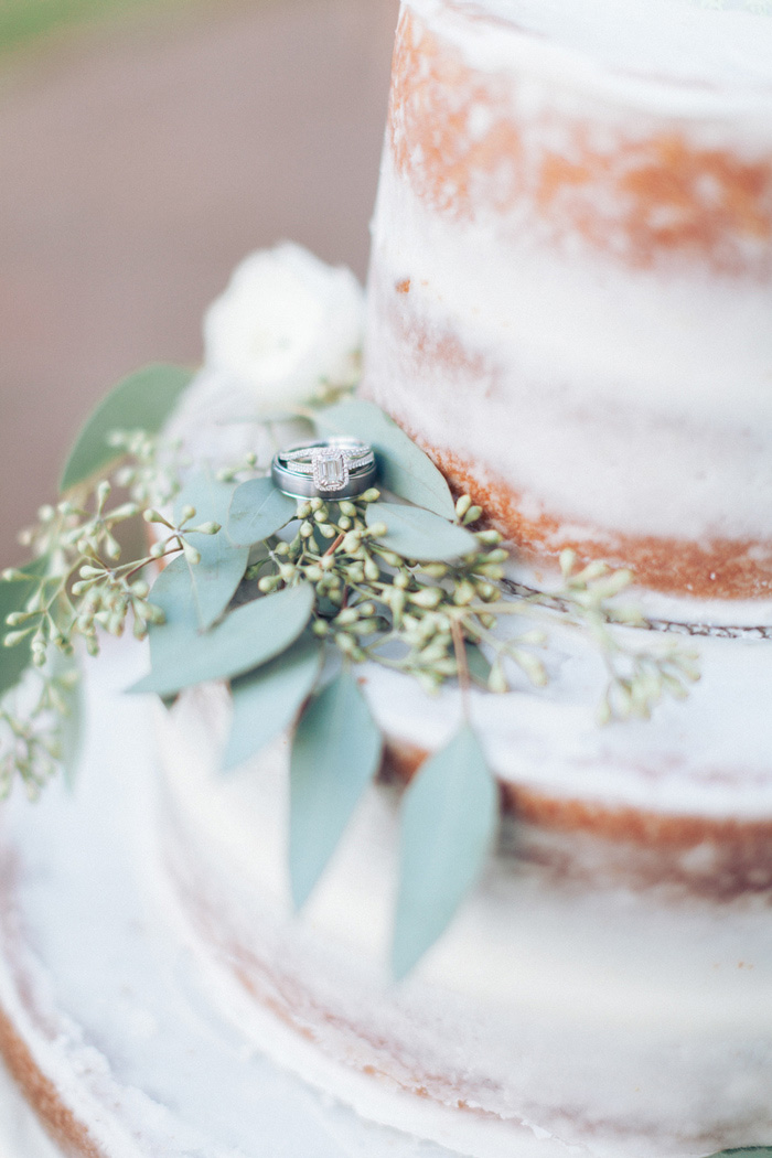 wedding rings on naked wedding cake