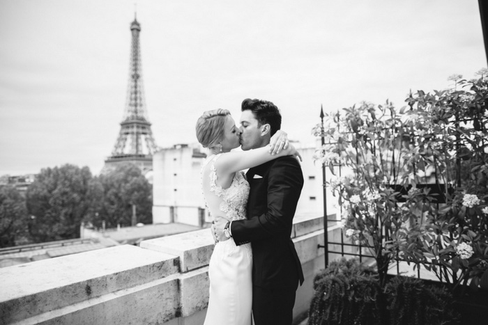 bride and groom first kiss