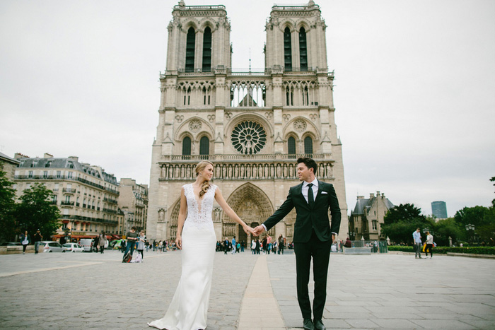 Paris wedding portrait in front of Notre Dame
