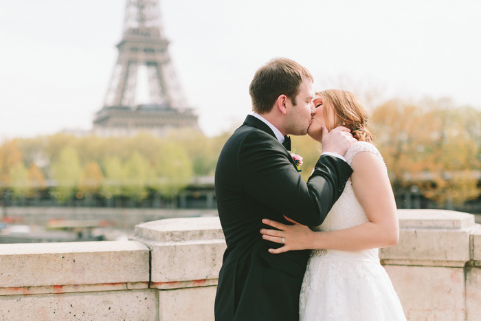 bride and groom first kiss