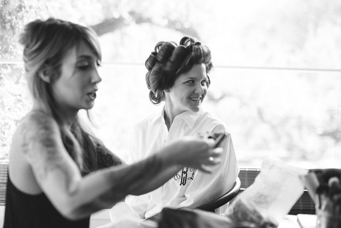 bride with hair in rollers