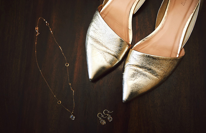 bride's gold shoes and accessories 