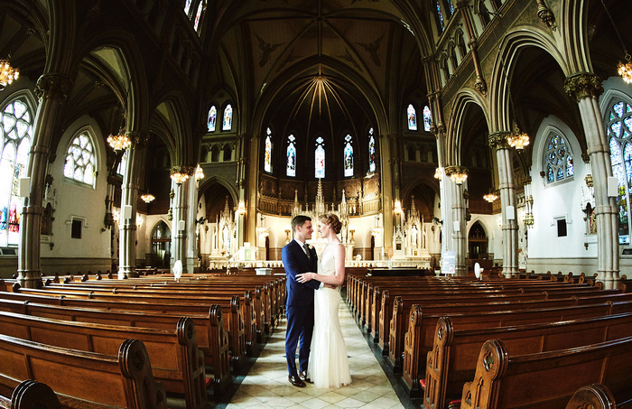 bride and groom portrait in church