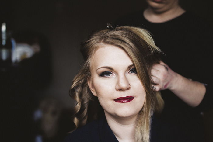 bride getting hair done